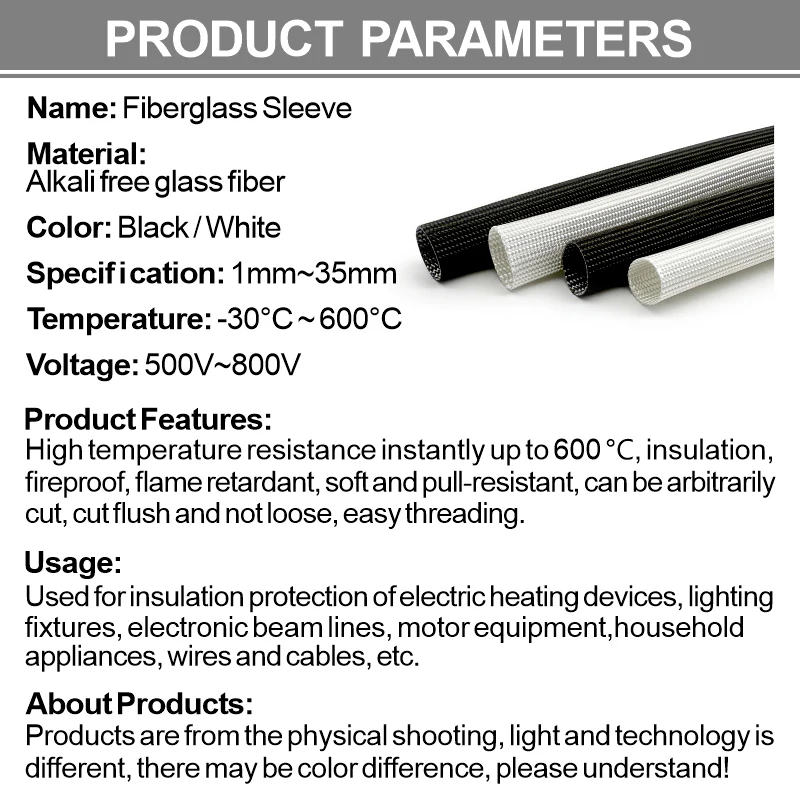 2M/10M 600Deg.C Fiberglass Sleeve High Temperature Braided Chemical Fiber Tube ID 1~12mm Sleeving White/Black Insulation Pipe