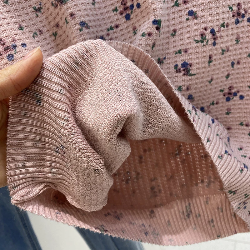 Preppy Style O-Neck Short Sleeve Slim-Fit Cropped Top Printed Floral Waffle T-Shirts Women 2024 New Short Tees Shirts Female