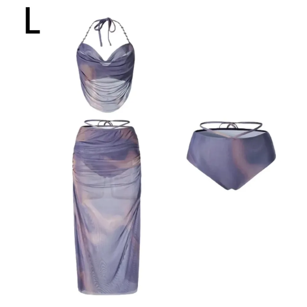 Long Dress Sexy Bikini Small Chest Split Skirt Beach Vacation Swimwear Gathered Steel Support Covered Flesh Three-Piece Set