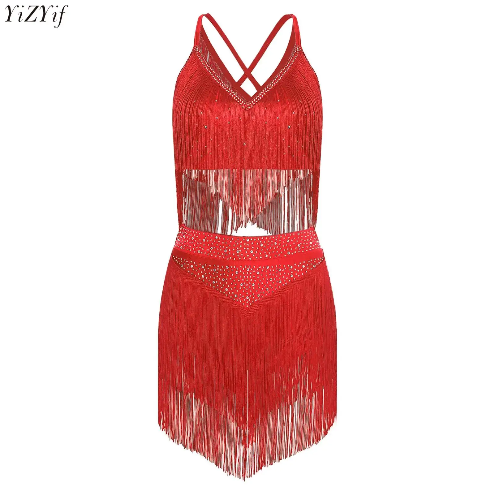 

Women Latin Dance Performance Costume Salsa Dancewear V-Neck Sleeveless Crisscross Back Fringe Crop Top + Tiered Tassels Skirt