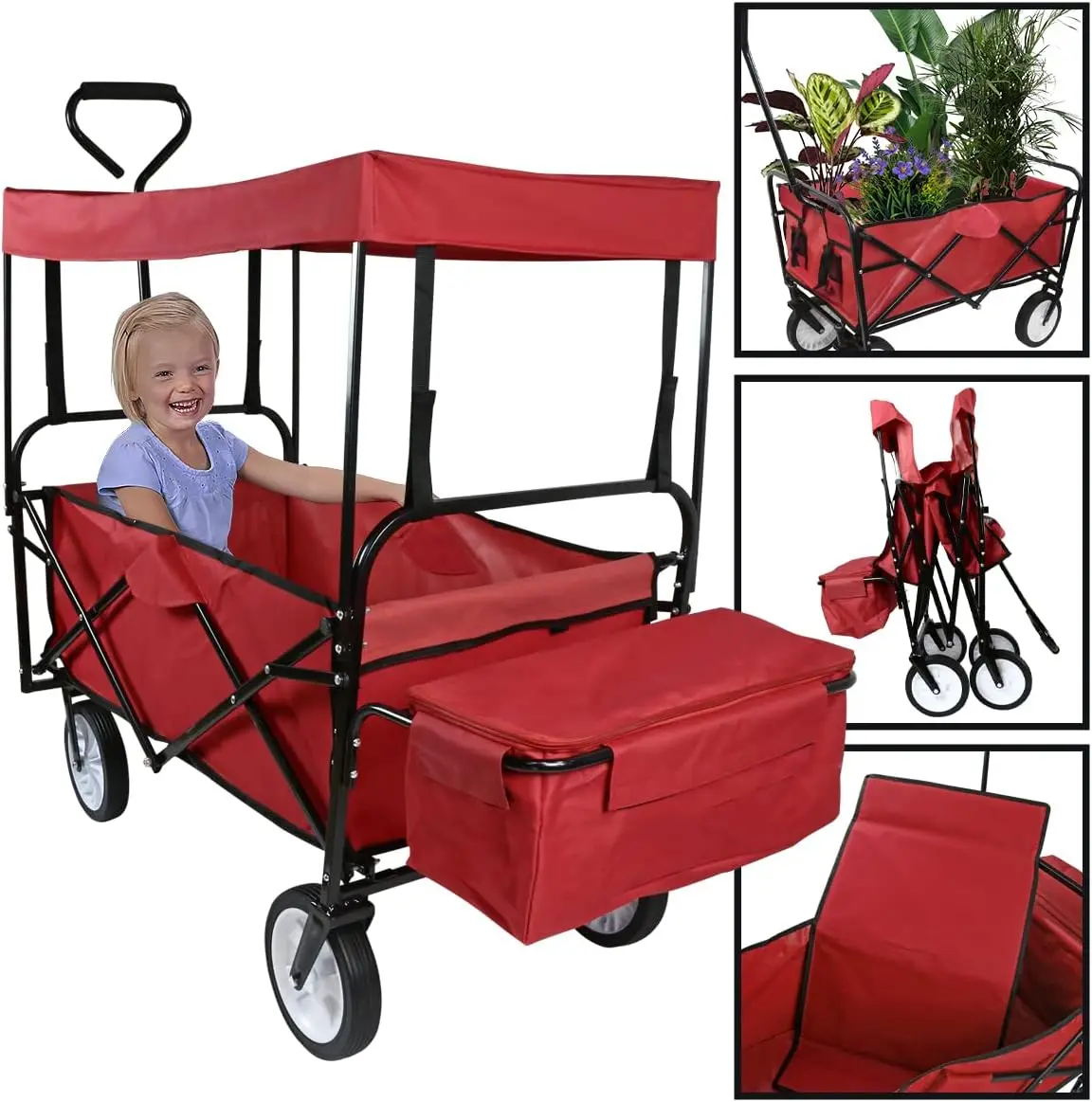 

Red Collapsible Wagon Folding Cart with Canopy Beach Garden Outdoor Sport Utility Cart Wheels Adjustable Handle Rear Storage