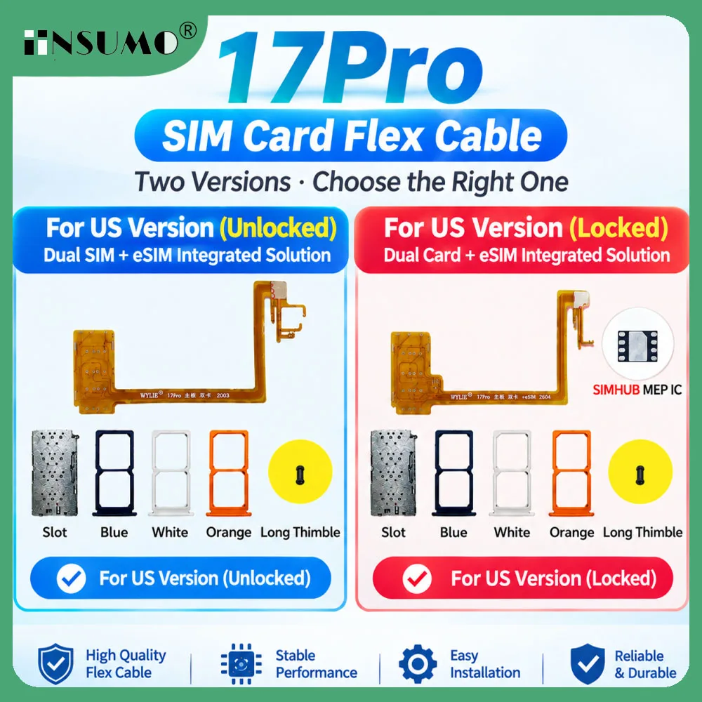 WYLIE Ultra-Thindual Card Dual Physical SIM cards + eSIM for iPhone 17 Pro Max Upgraded with Built-in MEP Solution Repair Tool