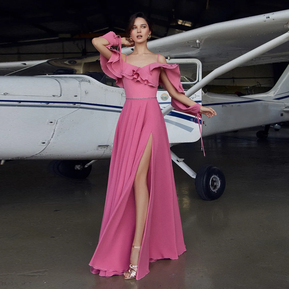 Vestido elegante de tirantes finos con volantes para graduación, vestido largo hasta el suelo para playa, boda, invitados, fiesta de noche, línea A, abertura alta con cremallera en la espalda 2022