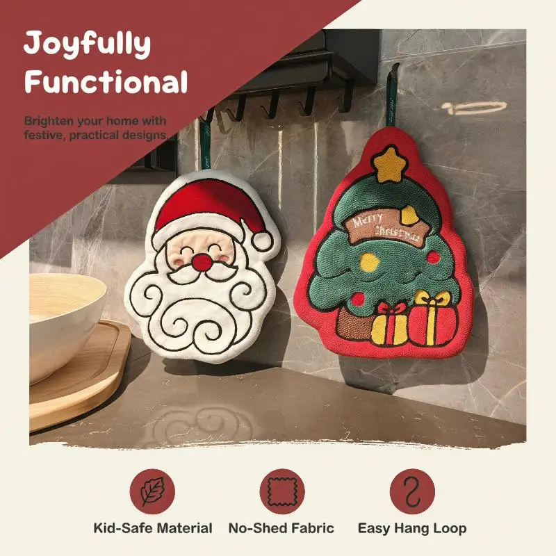 Cute Cartoon Christmas Hanging Hand Towels Super Absorbent Soft Coral Fleece Perfect For Kitchen Bathroom Holiday Home Decor