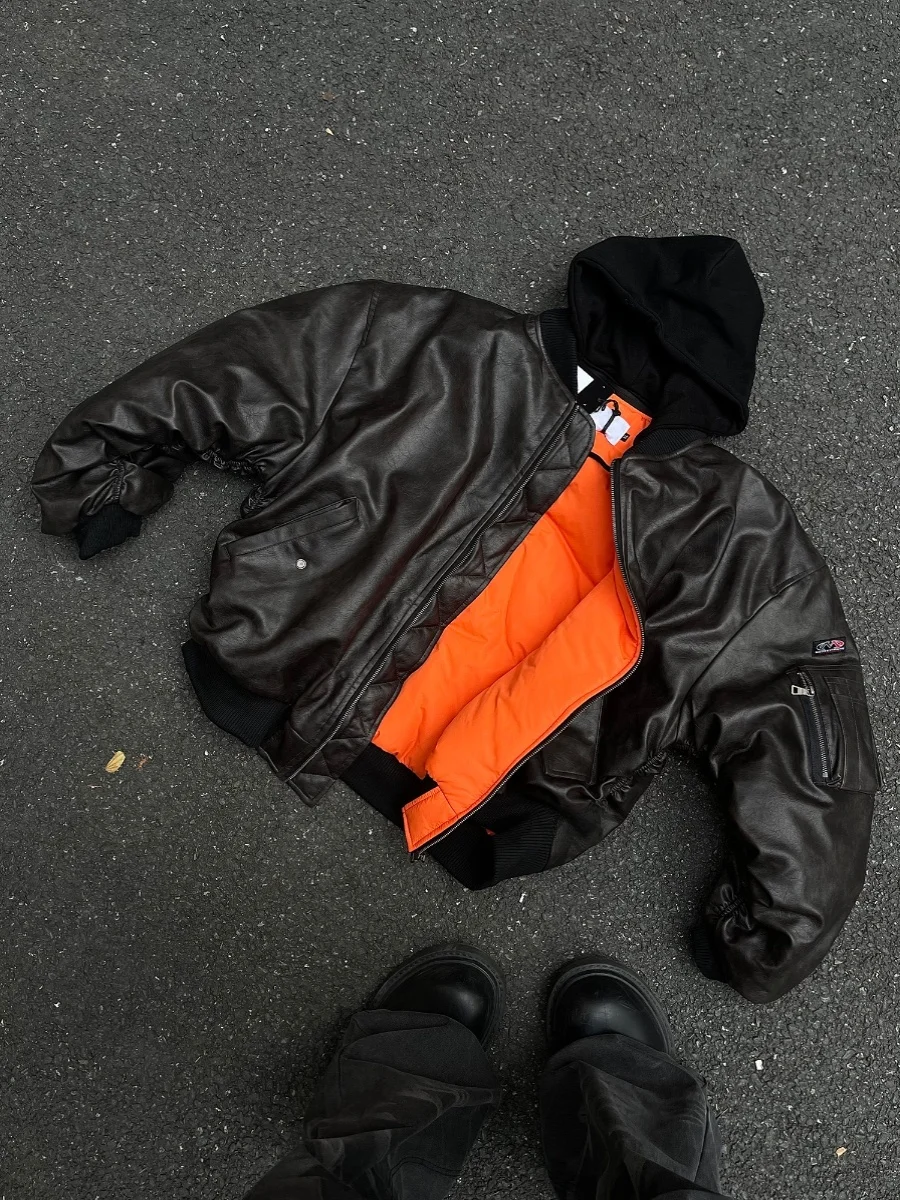 

2024 American Retro Hooded PU Leather Jaet Thiened Workwear Baseball Sle Cotton Jaet ex Loose Hip Hop Coat