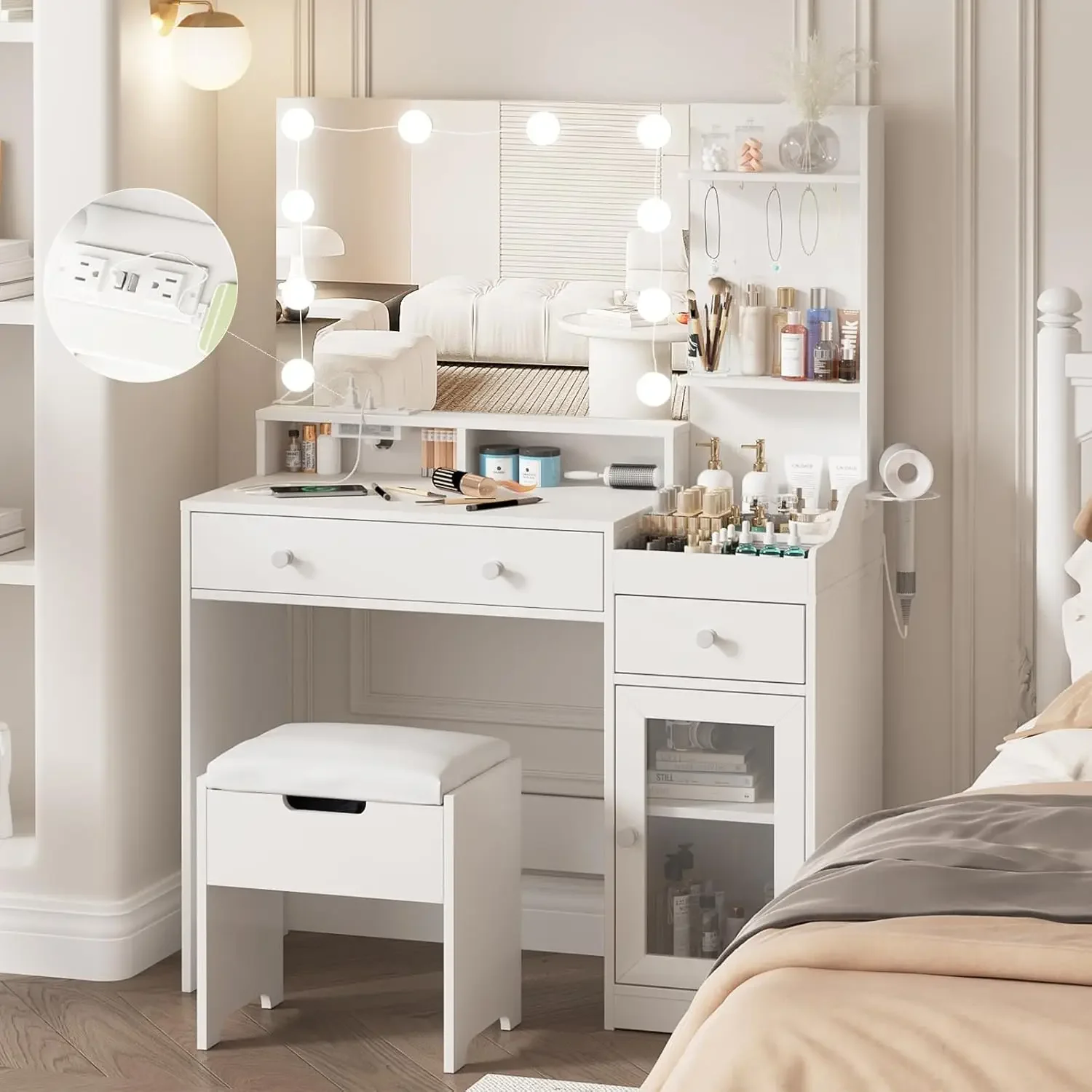 

Vabches Vanity with Mirror and Lights, Makeup Vanity Table with Charging Station, Cute Vanity Set with Comfortable Bench, Big Va