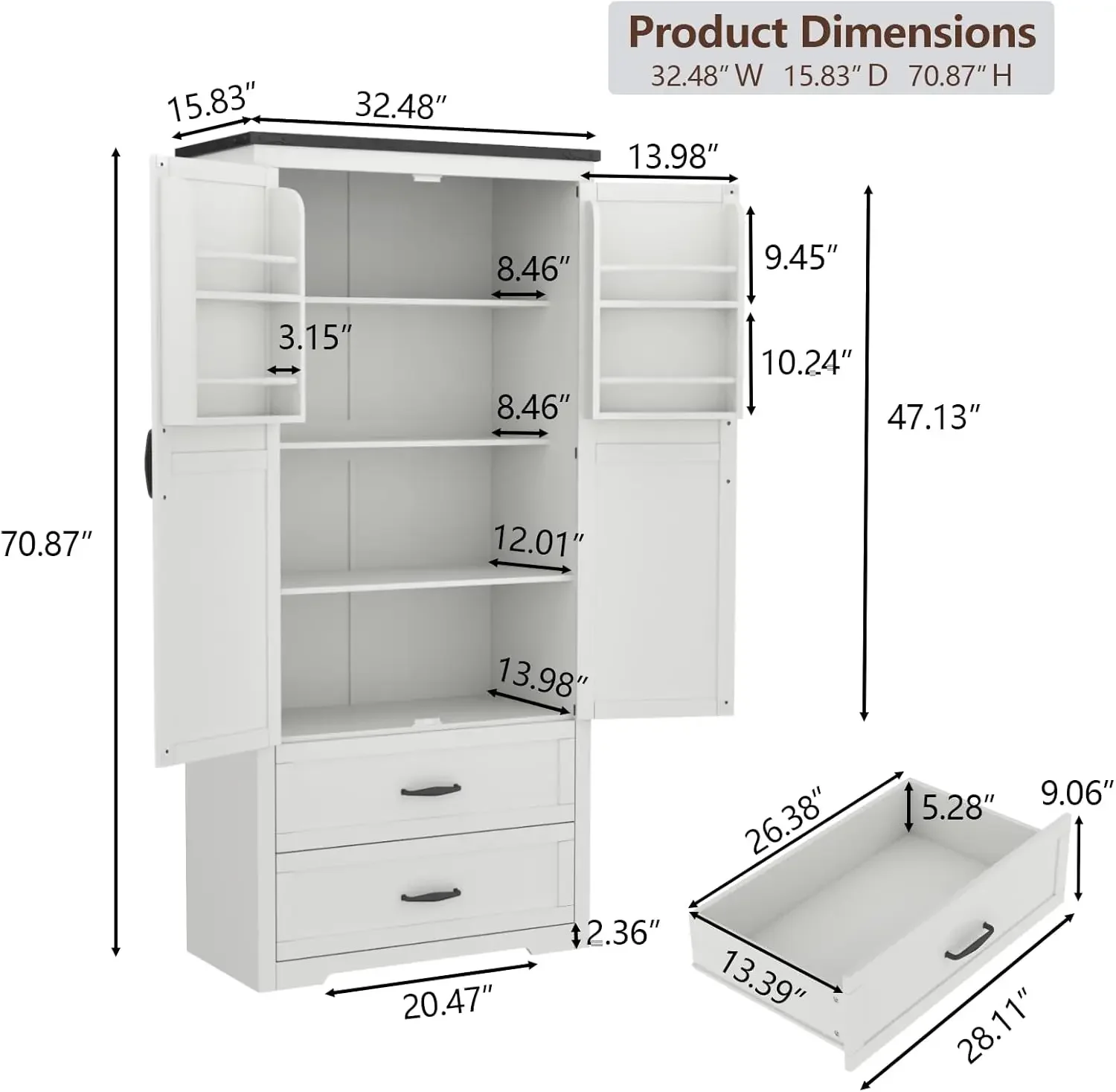 

Loomie 71" Tall Farmhouse Kitchen Pantry with Sensor Light & Adjustable Shelves, Large Storage Cabinet with 2 Drawers