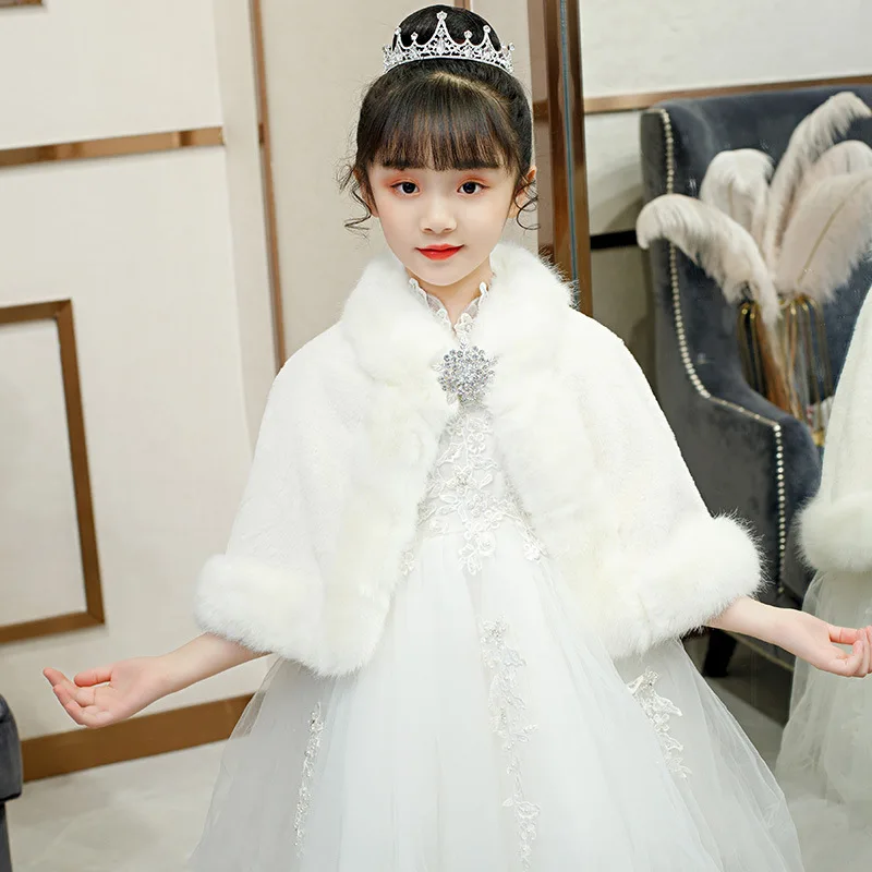 

Winter Short Thick Warm Bridesmaid Wedding Poncho Cape Flower Girl Fur Collar Shawl Children Dress Wrap Accessories