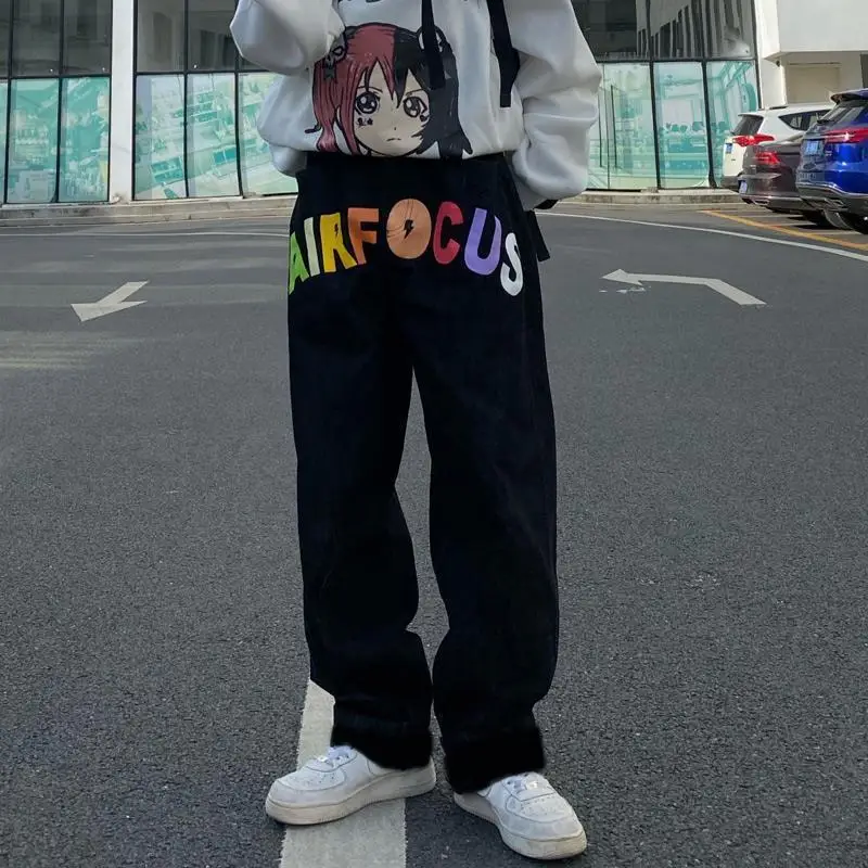 Men's Colorful Lightning Print Pattern Jeans Casual Pants Boy Bottom Spring High Waist Sweatpants Male Wide-leg Trousers