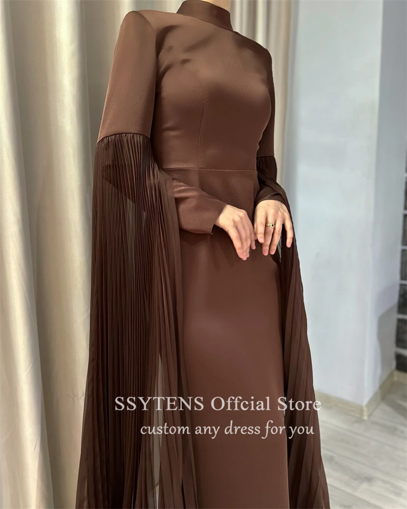 SSYTENS Brown Elegant Evening Dresses Saudi Arabric Pleats Long Sleeves Prom Dresses Ankle Length Prom Gown Bespoke Party Gown