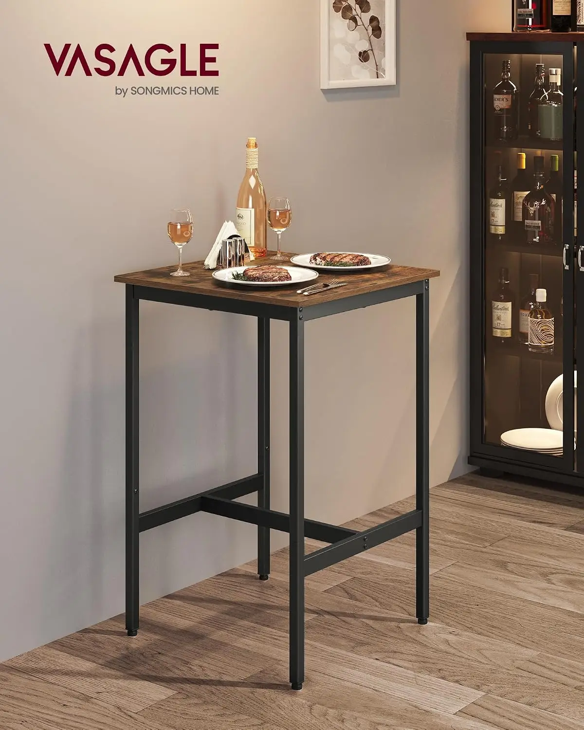 Bar Table, Kitchen Dining, High Top Pub, Bar Height Cocktail for Living Room Party, Sturdy Metal, 23.6 x 23.6 x 36.2 Inches for Narrow Spaces, Rustic Brown and Ink Black