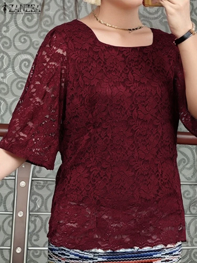 

ZANZEA Summer Lace Blouse Women Hollow Out Tops Vintage Half Sleeve Blusas Casual O Square Neck Tunics 2025 Oversized Pullover