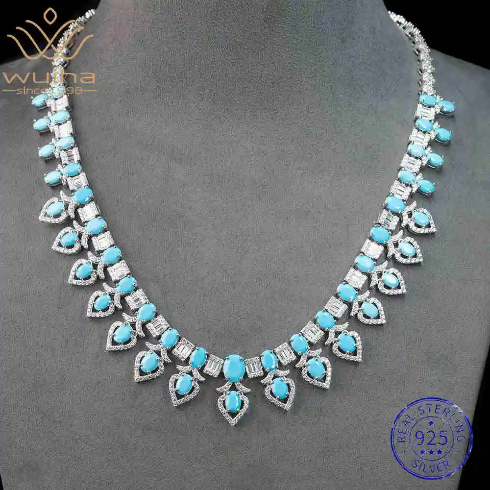 

WUIHA Vintage 925 Sterling Silver Lab Sapphire Turquoise High Carbon Diamonds Gemstone Pendant Necklace Fine Jewelry Wholesale