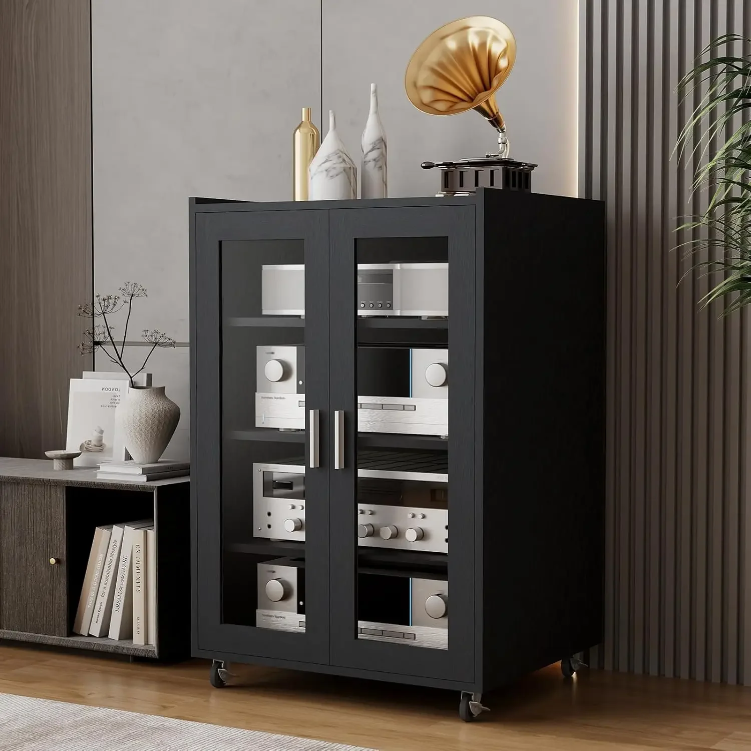 Stereo Cabinet, Media Storage Cabinet, Audio-Video Media Stand with 4 Height-Adjustable Shelves, AV Cabinet Audio Rack