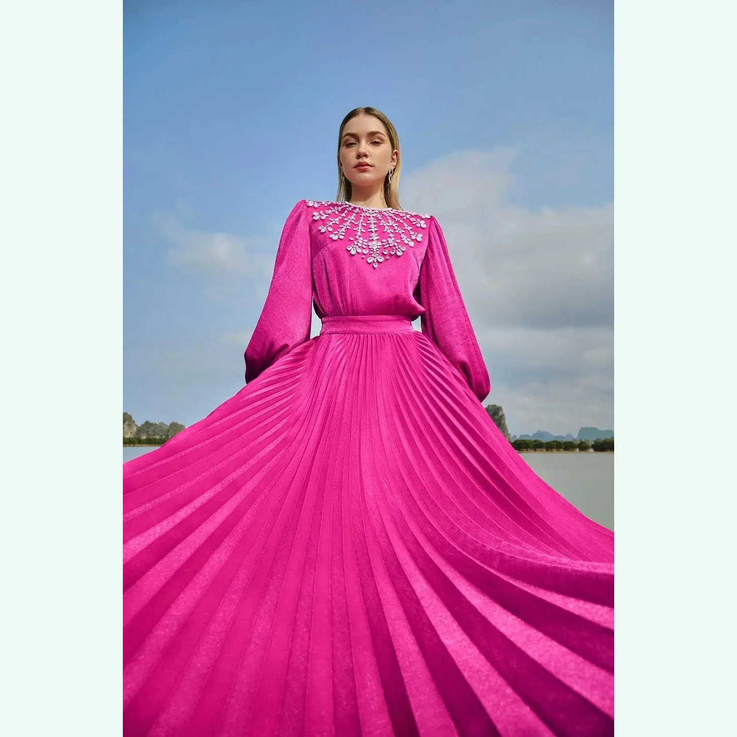 Fuchsia Prom Gowns Puff Sleeves Gorgeous Women Dress Party Wear Crystals Long Prom Gown Pleated Beading Maxi Dress Custom