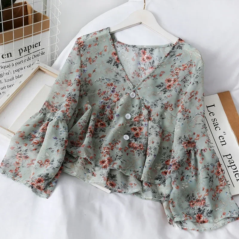 2024 New Women's  V Neck Floral Print Sweet Small Fresh Long Sleeves Chiffon Shirt Blouses