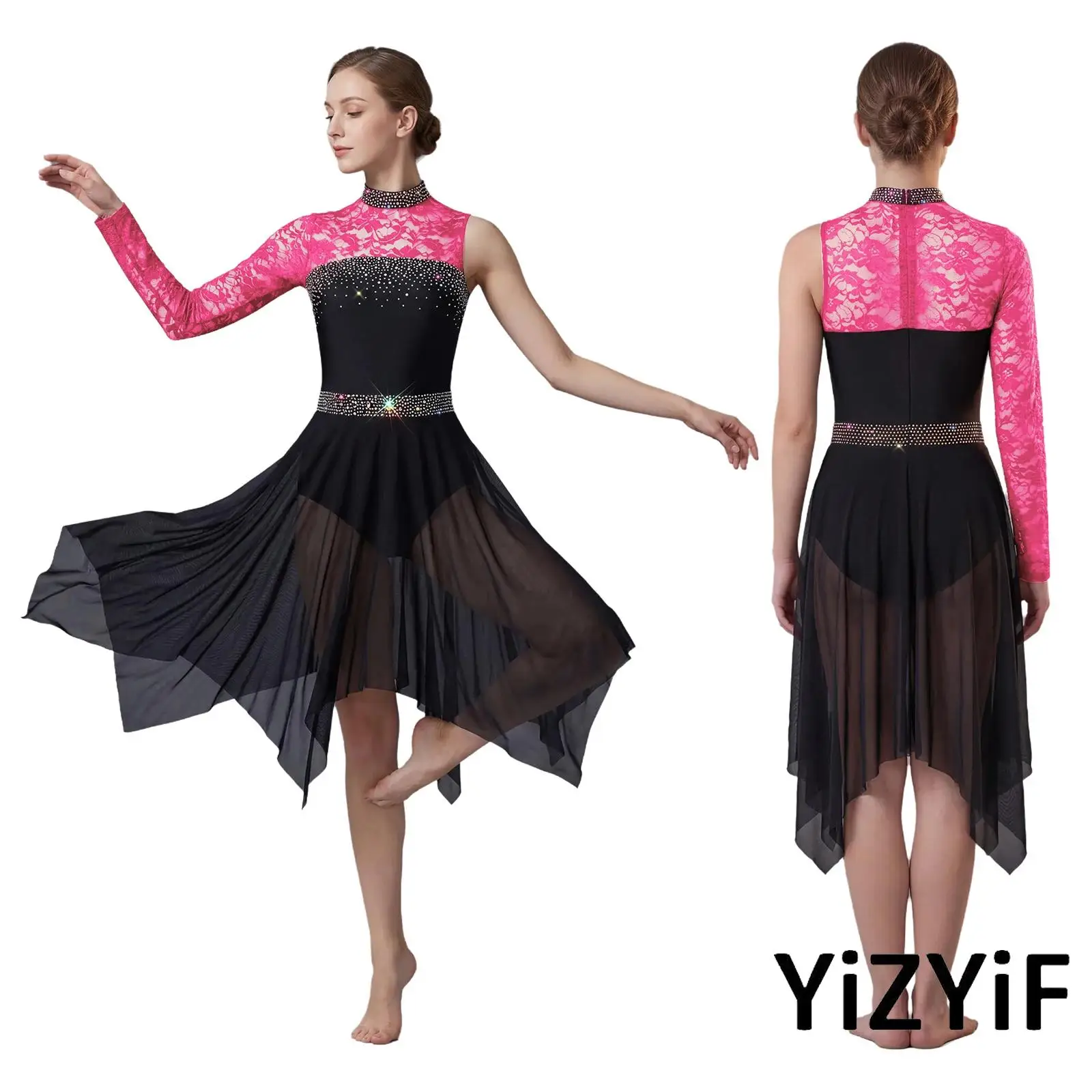 

Женское боди-платье для лирического танца с одним длинным рукавом, асимметричным сетчатым подолом и стразами, для современного танца и вальса