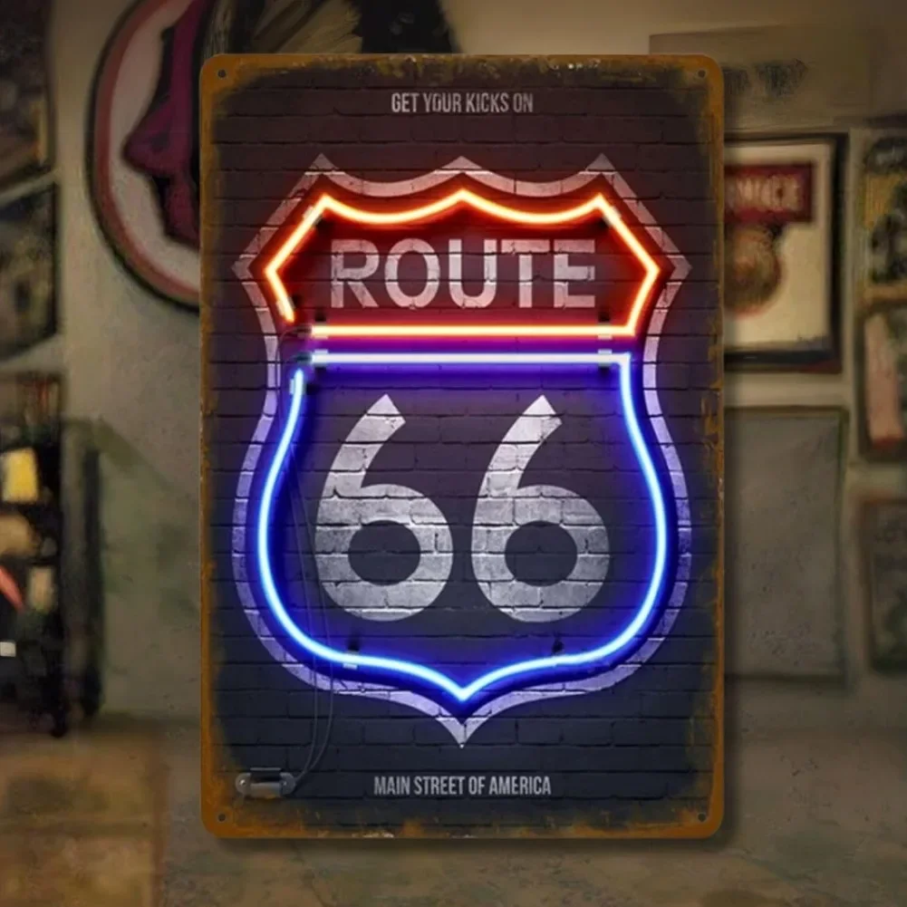 Retro Route 66 Neon Aluminum Sign Interesting Bar & Restaurant Decoration Street Art Poster 12x18 Inch