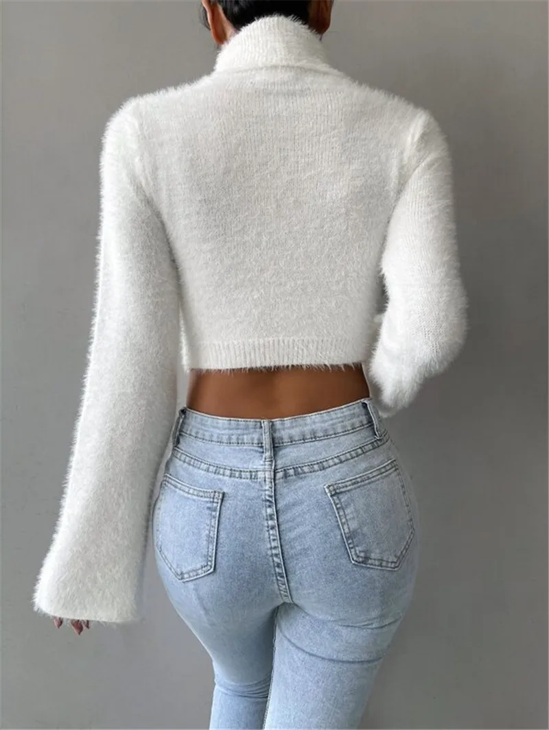 New Amazon High Neck Short Navel Exposed Plush Sweater Women's clothing sales Pullover winter clothes women 2024 pull femmes