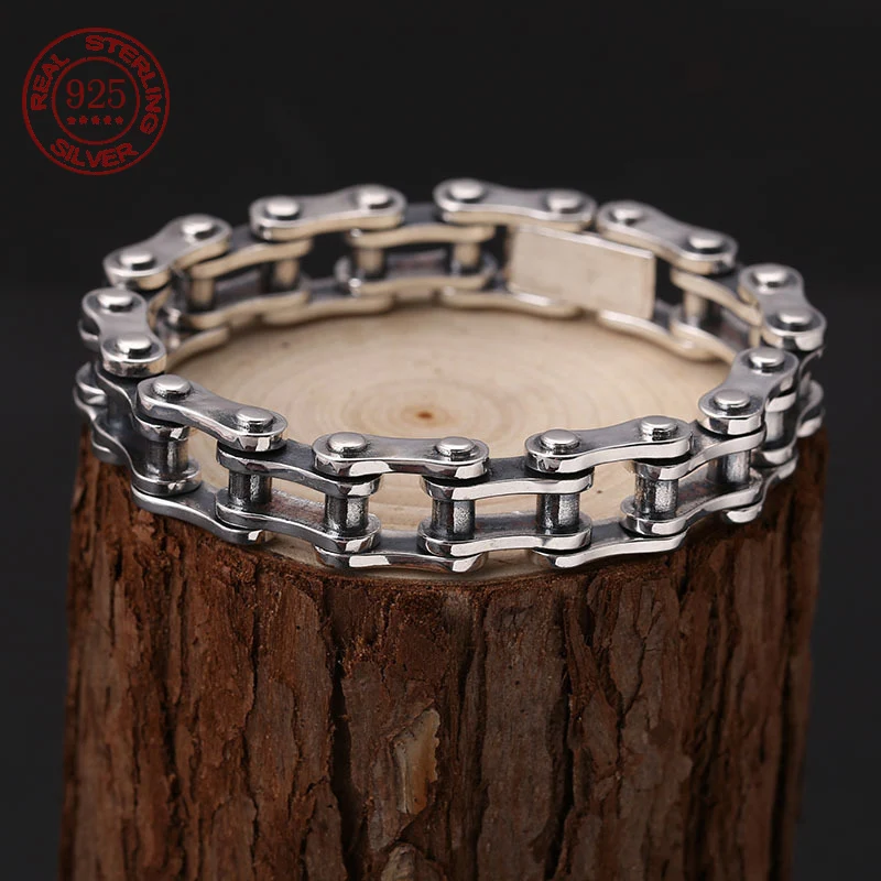 Real S925 sterling silver bike chain 10mm vintage men's bracelet Fashion Creative Punk style motorcycle chain bracelet