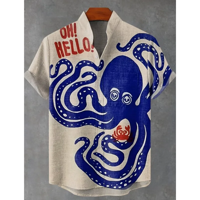 Summer 2025 New Art Deep Sea Giant Octopus Monster Pattern Linen Men's Short Sleeve Shirt Casual Comfortable Button Top