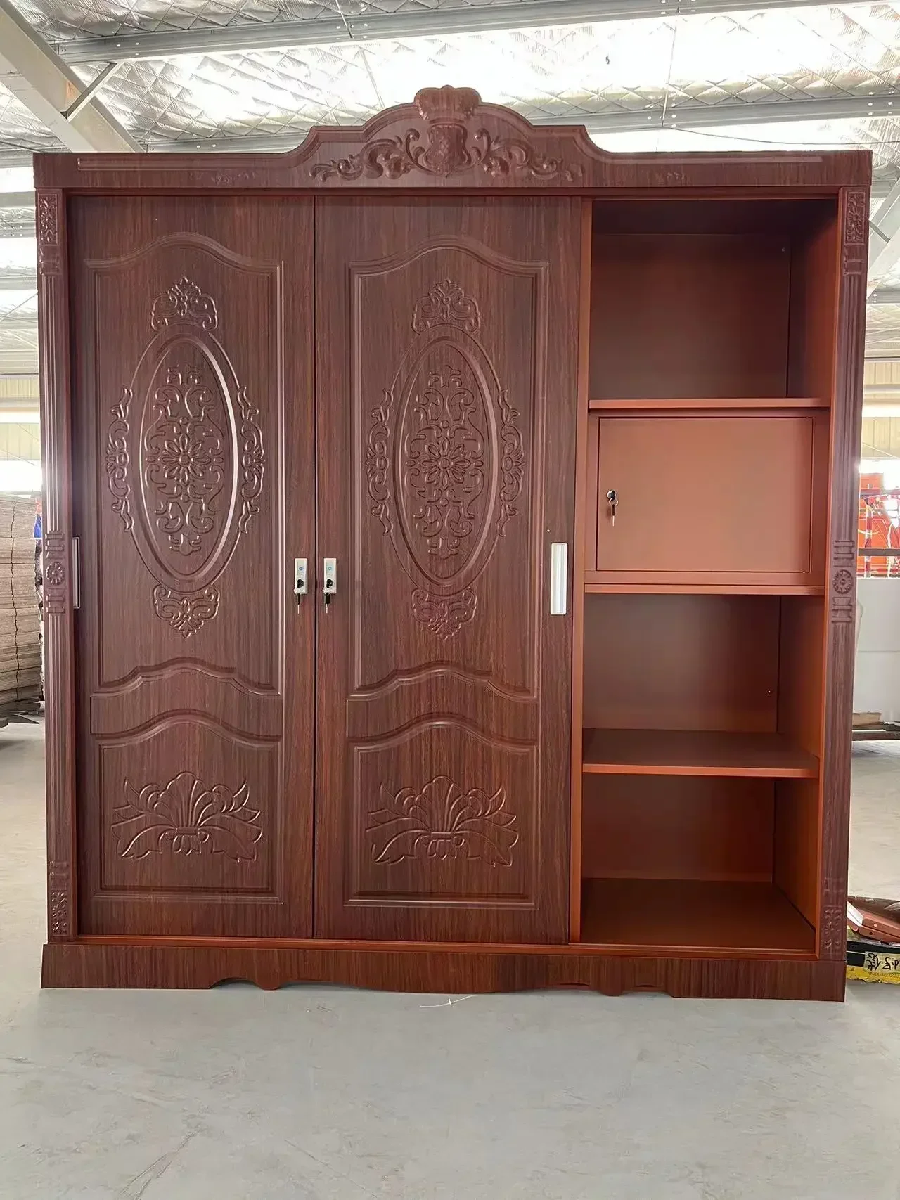 

Bedroom Furniture Metal Wardrobe Wardrobe Steel Storage Cabinet Amoires 4 Doors Closet Almirah Wardrobe With Embossed