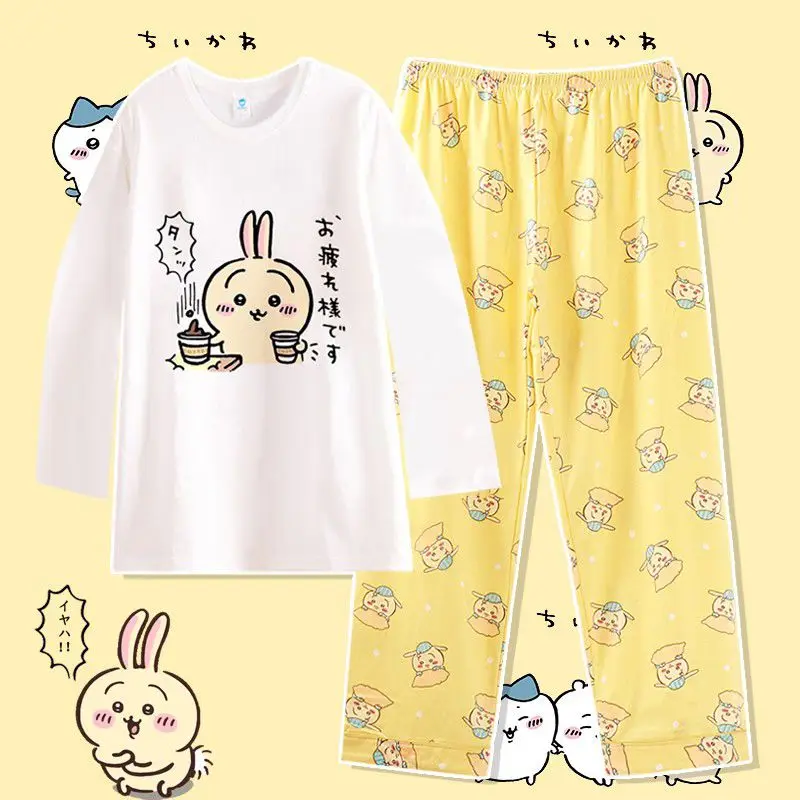 Anime Usag Hachiware Pajamas Kawaii Chiikawa Summer Cotton Round Neck Long-Sleeved Pant Cute Cartoon Home Clothes Casual Comfort