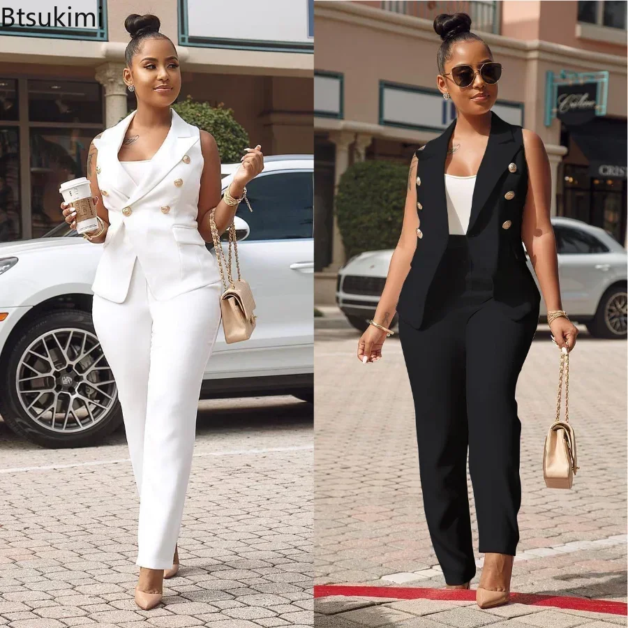 2024 Women\'s Summer Two-piece Sets Office Wear Elegant OL Style Vest Tops and Pants Suit Vest Jacket Trousers Sets Women Blazer