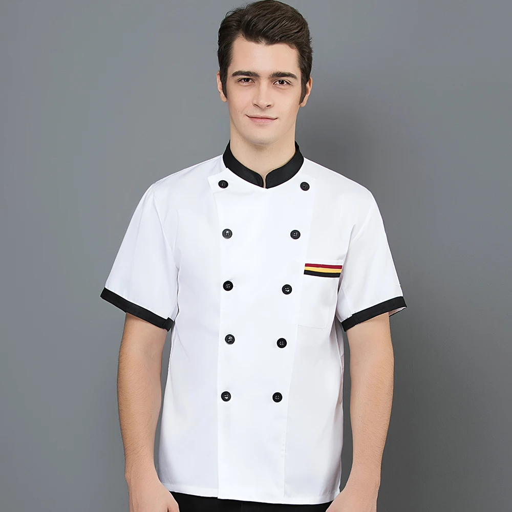 Abrigo de Chef para hombre, uniforme de cocinero, chaquetas de manga corta para cocinar, Tops de servicio de comida, ropa de trabajo para restaurante y panadería