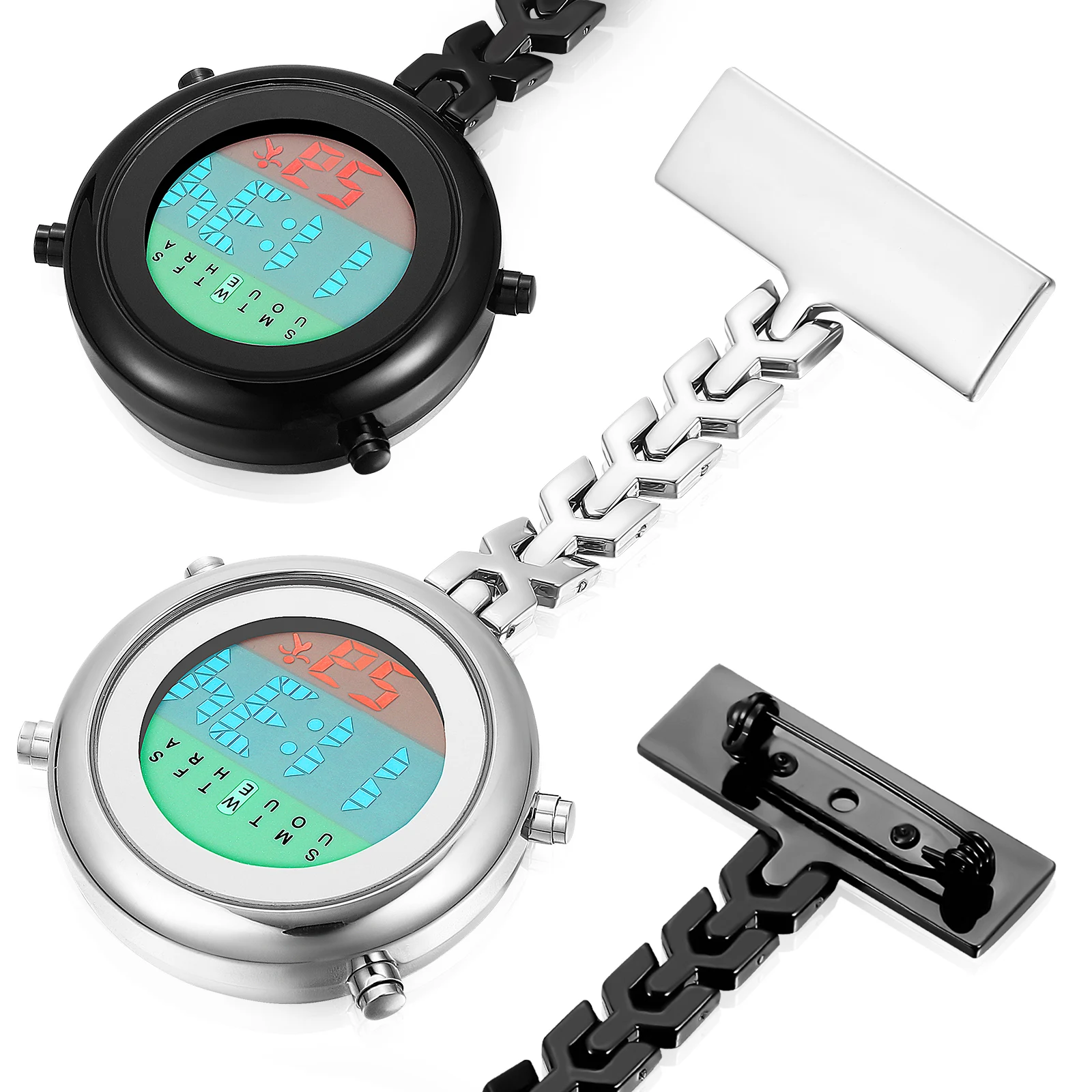 2 pcs Nurse Brooch Pocket Watch Stainless Steel Electronic Timer Alarm Date Display Clip On Pendant Small Quartz for Doctors