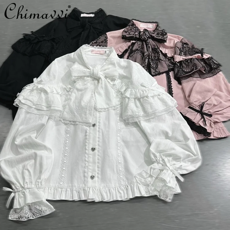 

Japanese Mine Series Sweet Lace Bow Collar Long-sleeved Shirt Cute Girl Women's Black and White Blouse Lolita Casual Blusas Top