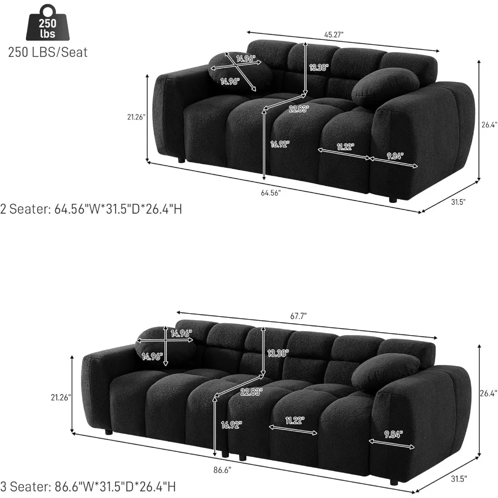 cloud sofa.2 Piece Boucle Sofa Sofa Set, Comfy Tufted Upholstered Sherpa Deep Seat Cloud Couch, Modern Cozy Teddy 3 Seater Sofa