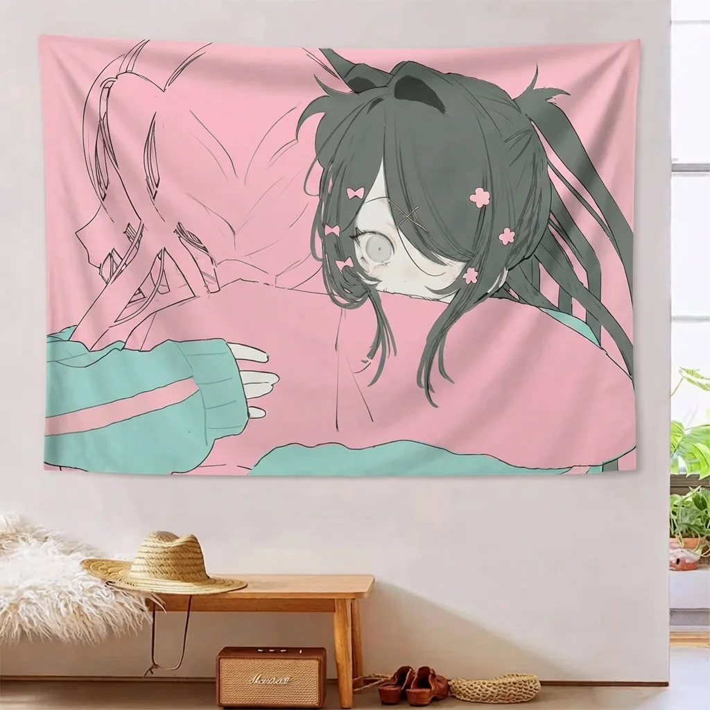 1pc Pastel Pink Yami Kawaii Anime Girl Tapestry Cat Ear Crying Girl Polyester Wall Hanging Grunge Harajuku Decor Dorm Goth Otaku