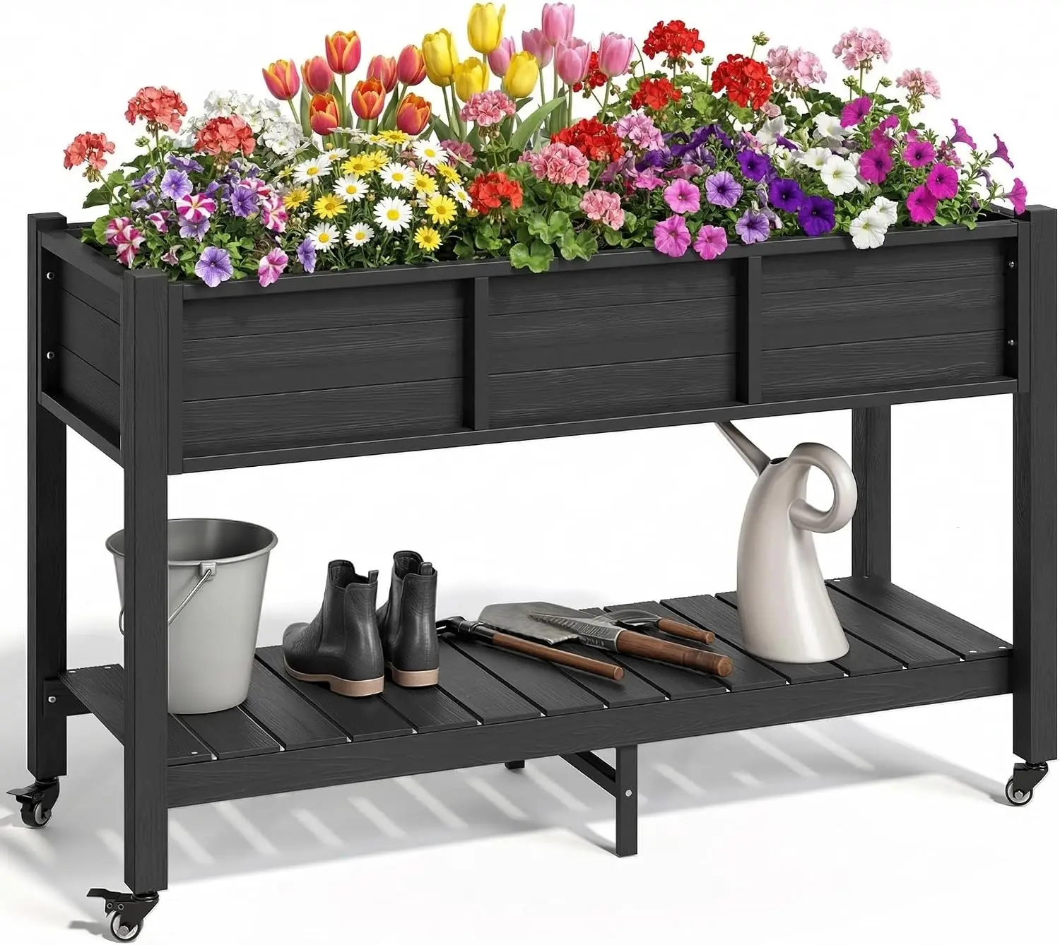 Elevated Raised Garden Bed With Wheels, HDPE Standing Planter Box Container, Mobile Outdoor Wooden Style Plant Bed With Storage Shelf, Patio Yard Greenhouse Vegetables Flowers Planter Stand, Black