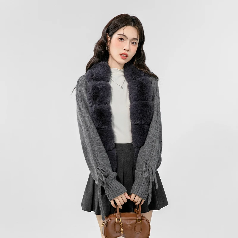 

2024 Winter Women Knitted Jacket With Natural Fur Placket Coat New Knitting Cardigan Casual Real Fox Fur New Fashion Short Warm