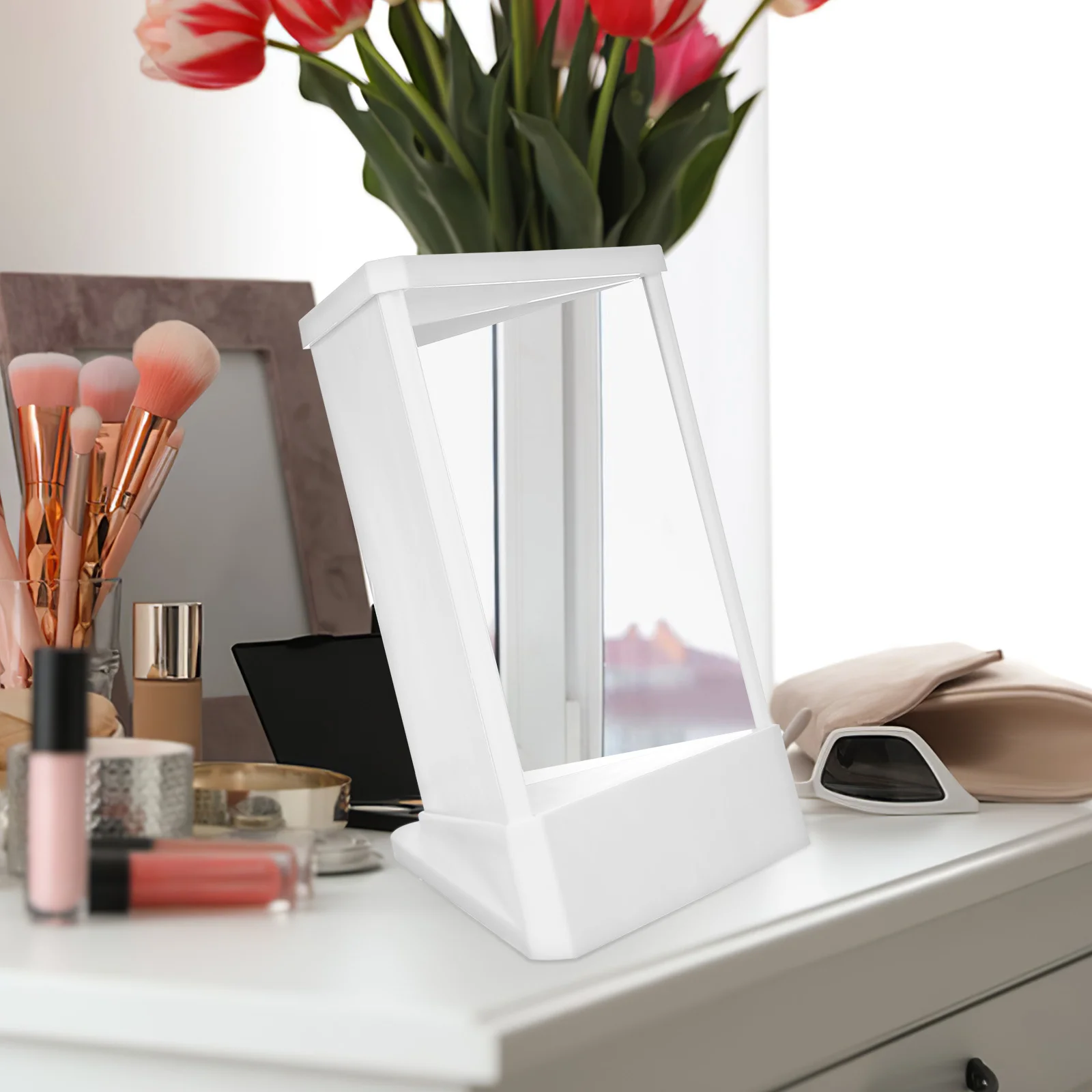 

Vanity Mirror Makeup Non Reversing High Clarity Surface Reversible Function 360 Rotating Base Stand Mirror for Makeup Skincare