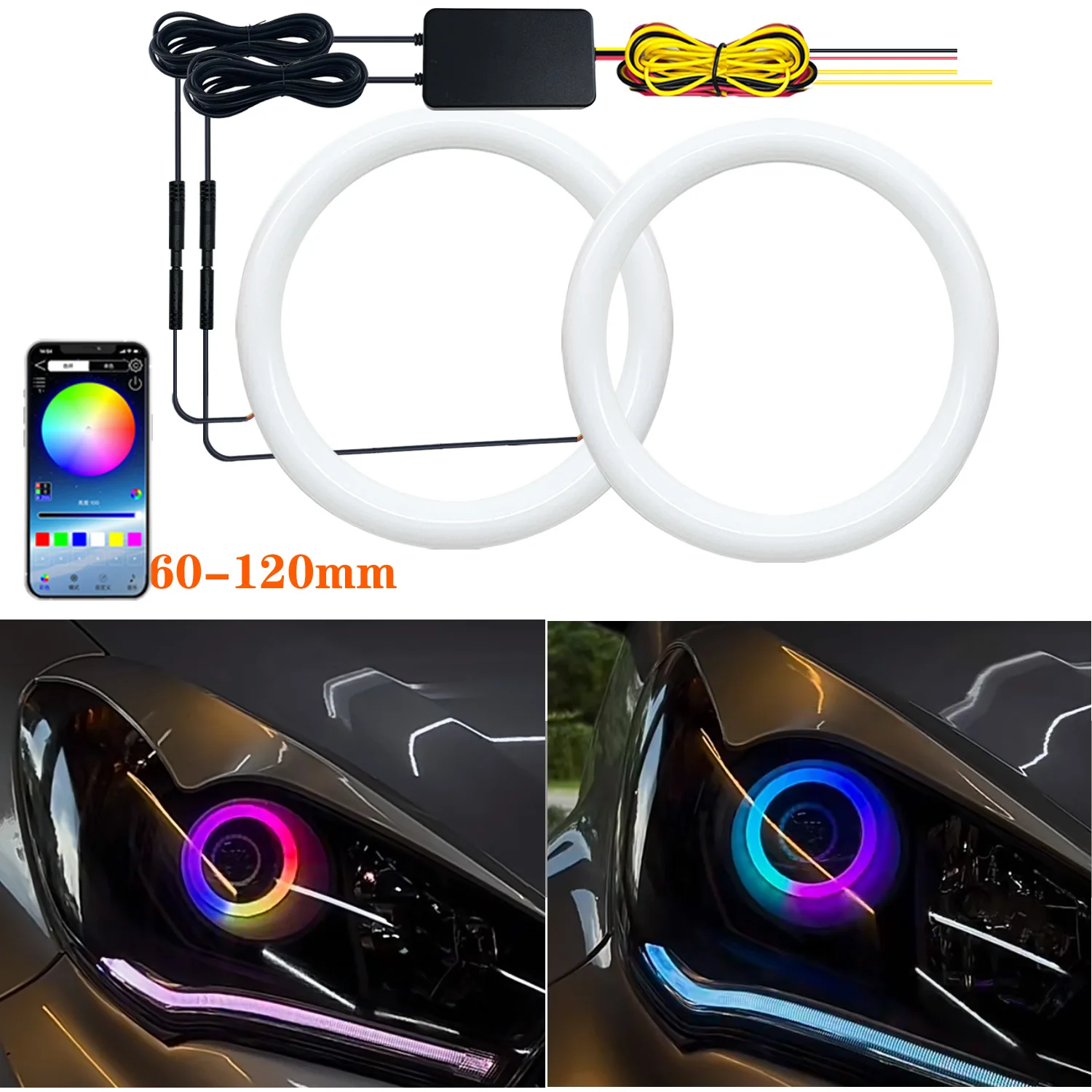 2 pces rgb anjo olho led, luz do farol de circulação diurna com controle de aplicativo múltiplas cores de luz sincronizadas à música.60mm-120mm,