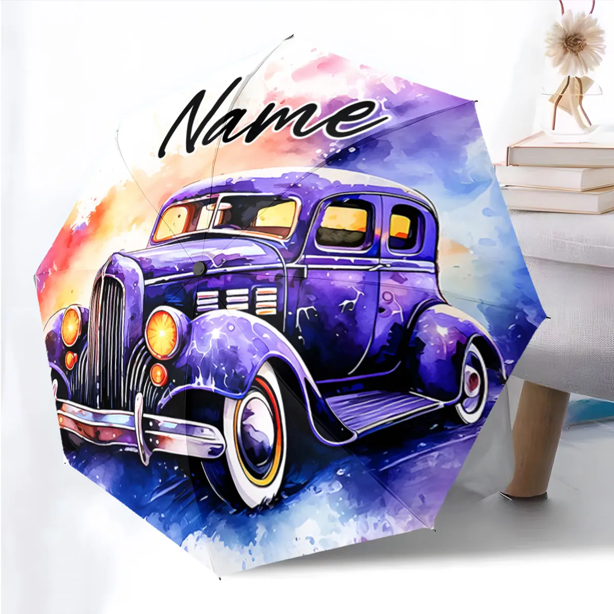Custom Name Vintage Car Art on Colorful Umbrella Print 8 Iron Ribs Folding Umbrella, Auto-Open Fashion Sunshade