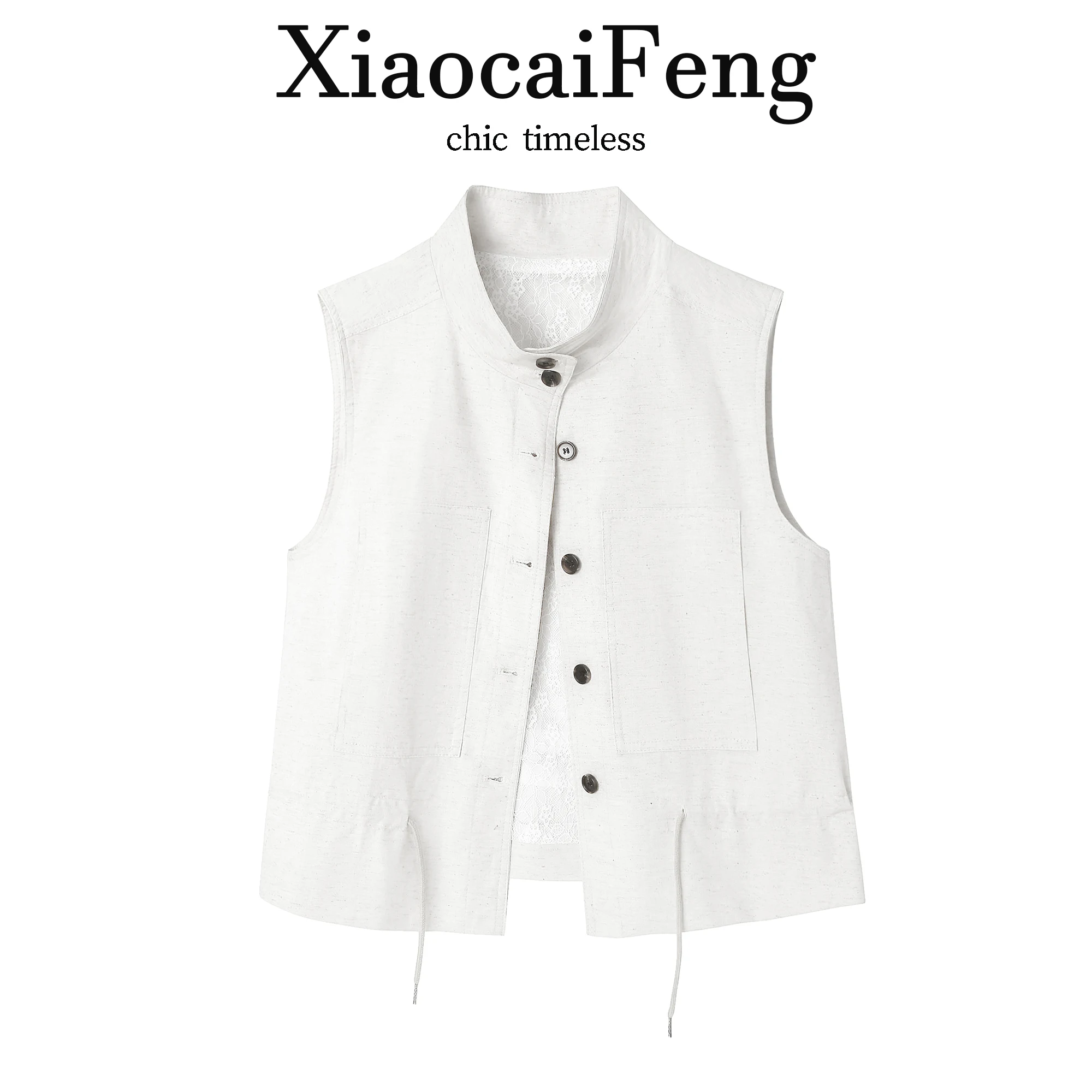Stylish Lace Splicing Linen Vest Women Summer Drawstring Waist Cinching Sleeveless Casual Fashionable Vest Dream Qing Sha Po