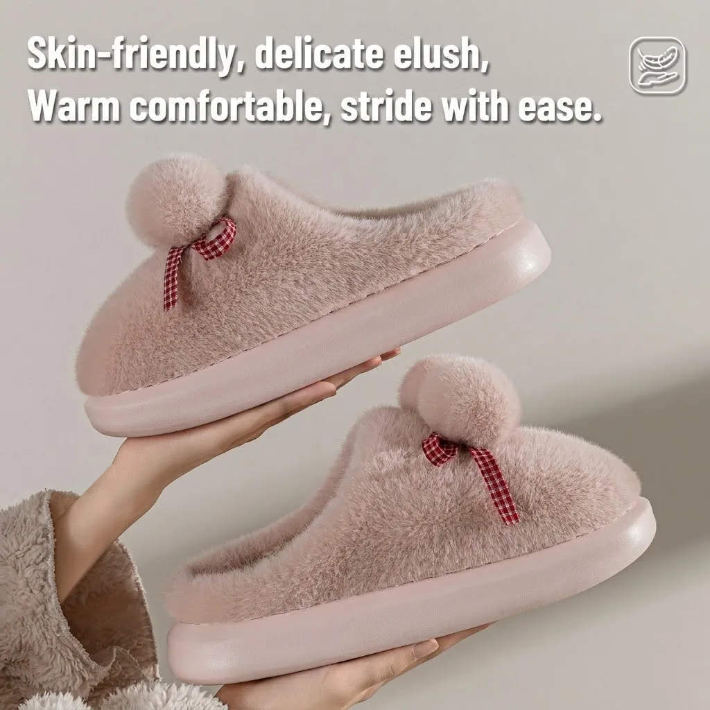 Niedliche Pom-Pom-Warme-Plüsch-Hausschuhe für Damen, Winter, dicke Sohle, Indoor-Hausschuhe, flauschiges Kunstfell, rutschfeste Baumwoll-Slipper für das Schlafzimmer. – Detail 22