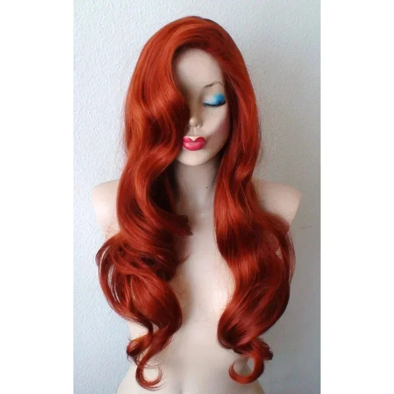 جيسيكا أرنب متموج طويل النحاس الشعر الأحمر ليتل ميرميد الأميرة ارييل مقاومة للحرارة شعر مستعار تأثيري حلي