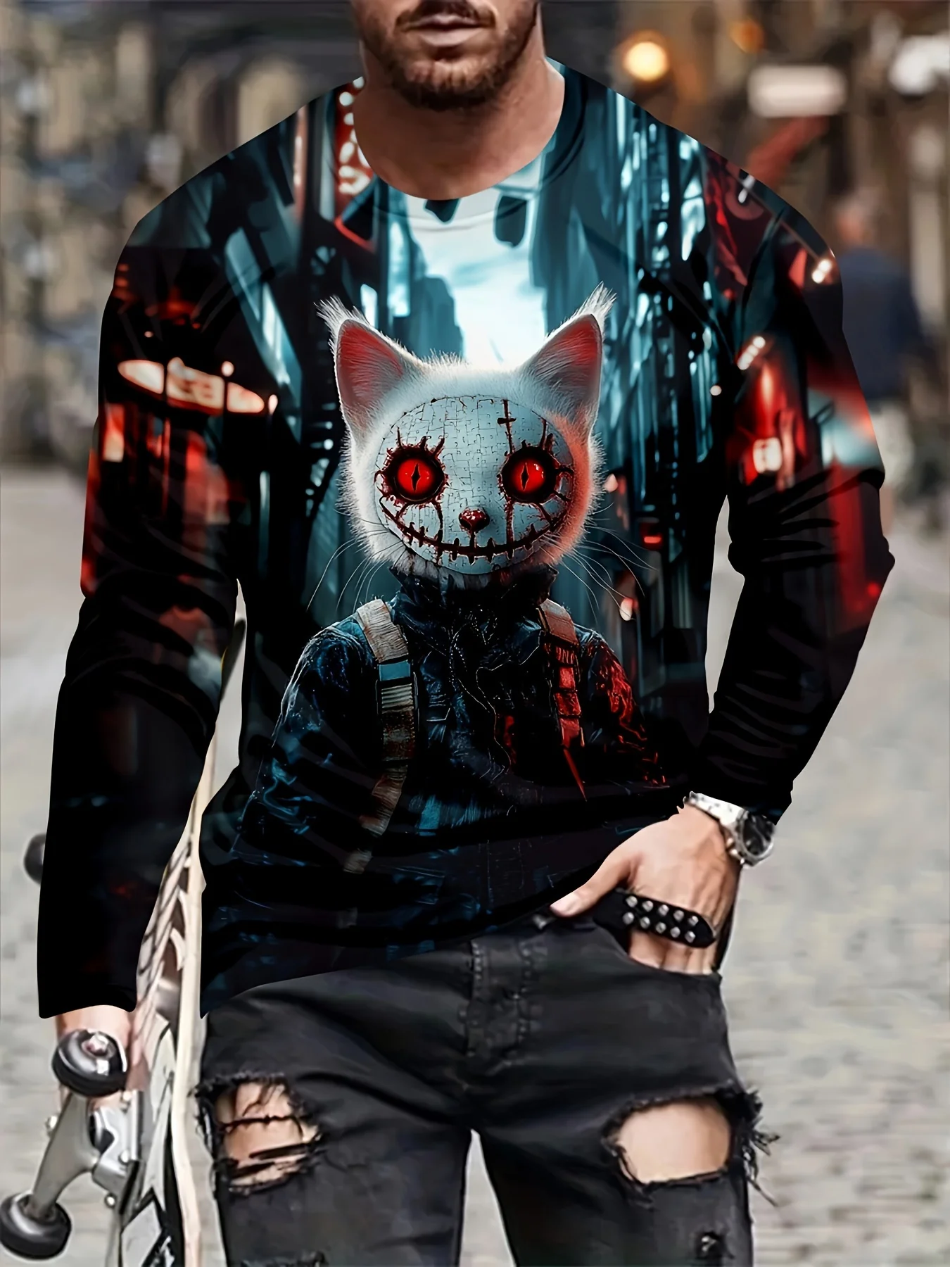 

Fashion Halloween Horror Cat 3D Print Polyester Men's Long Sleeve T-shirt Top Autumn Casual Loose Theme Pullovers Street Clothes
