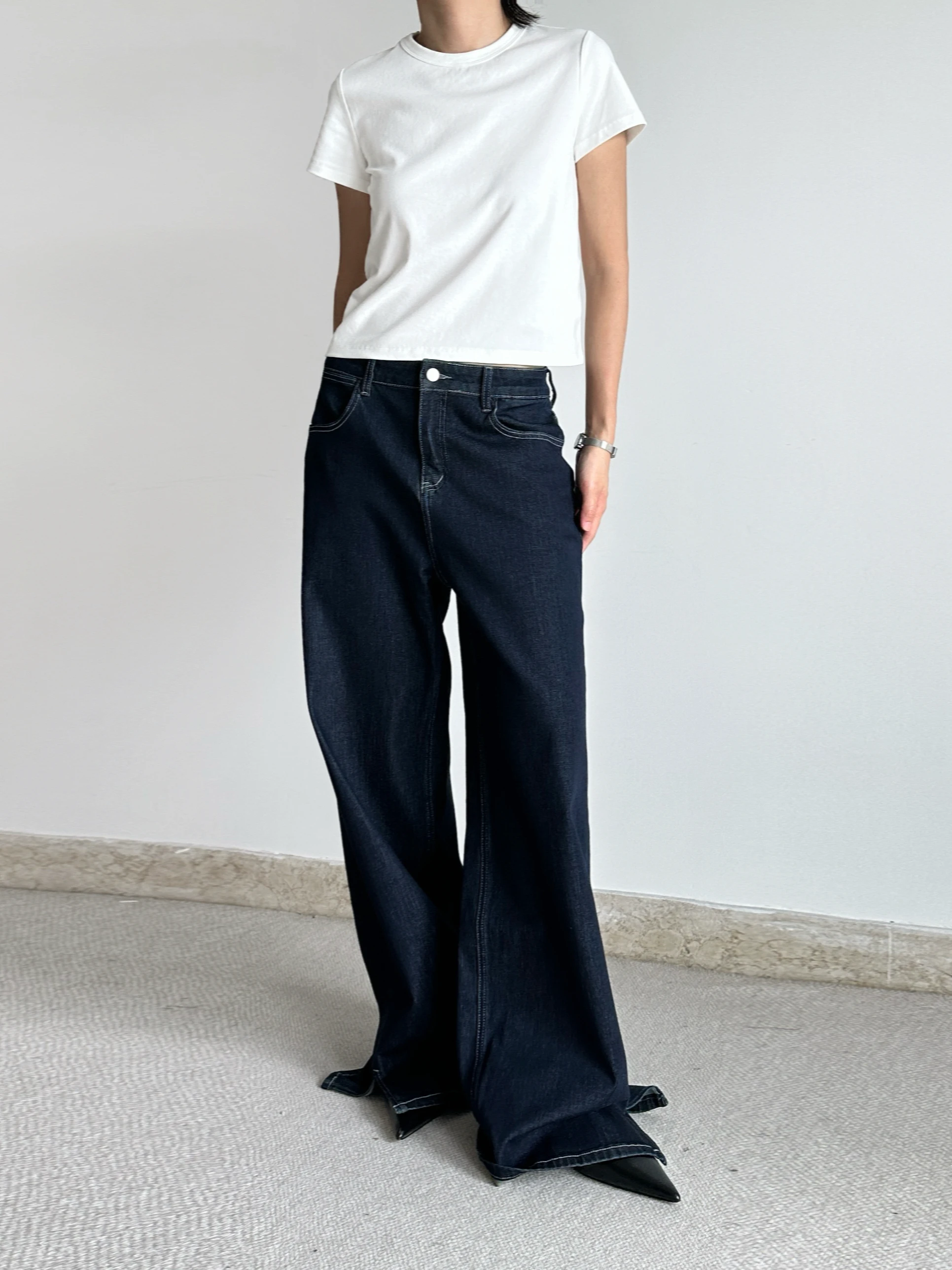 

Roabilly Vintage High Waist Straight Leg Jeans Side Slit Long Dra Women's Cotton Blend Stretch Denim Trousers