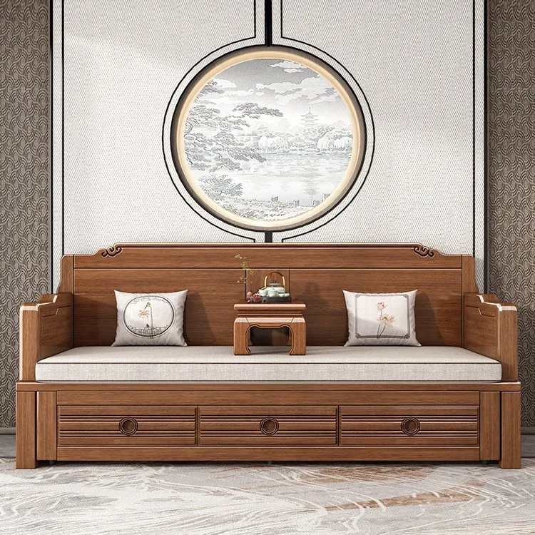 CX new Chinese style, solid wood sofa bed, household living room, small apartment, multi-functional retractable push-pull bed