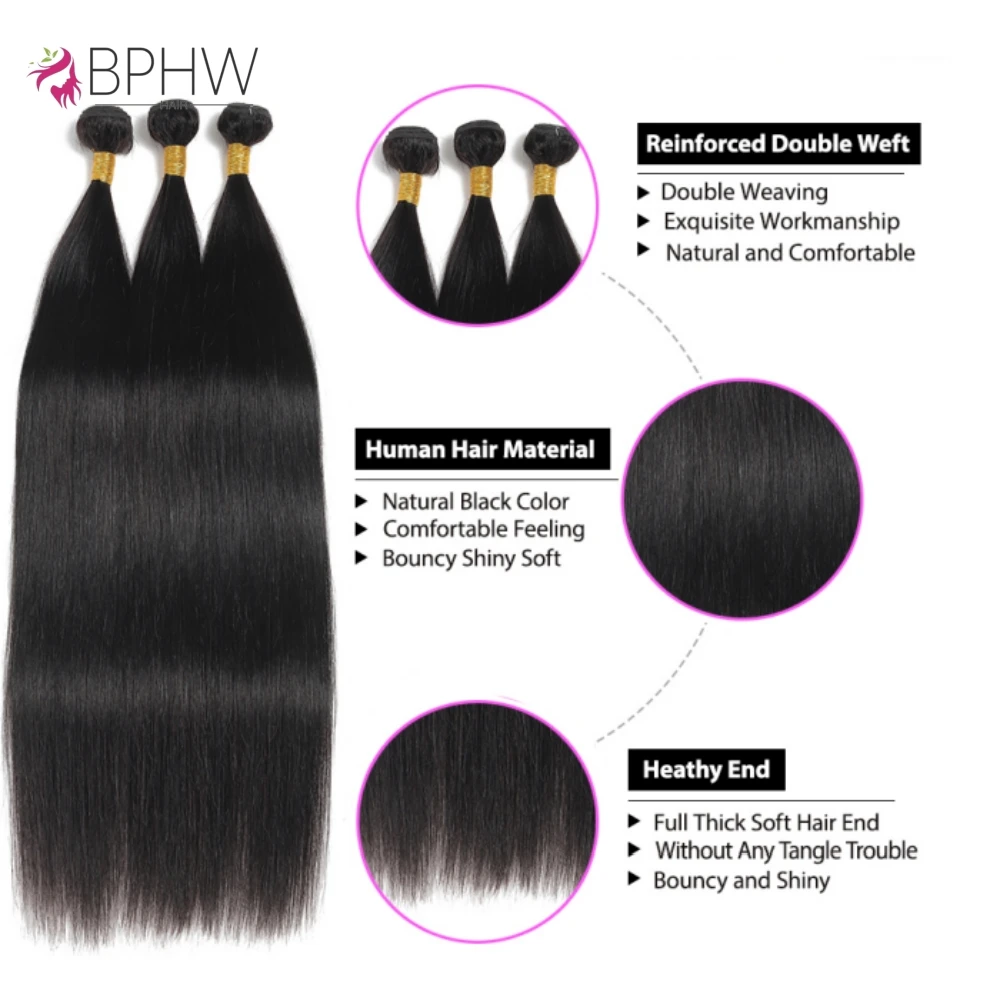 Straight Human Hair Bundles with Closure 4x4 Raw Peruvian Hair Extensions Weave 3 Bundles with Closure Natural Color For Women