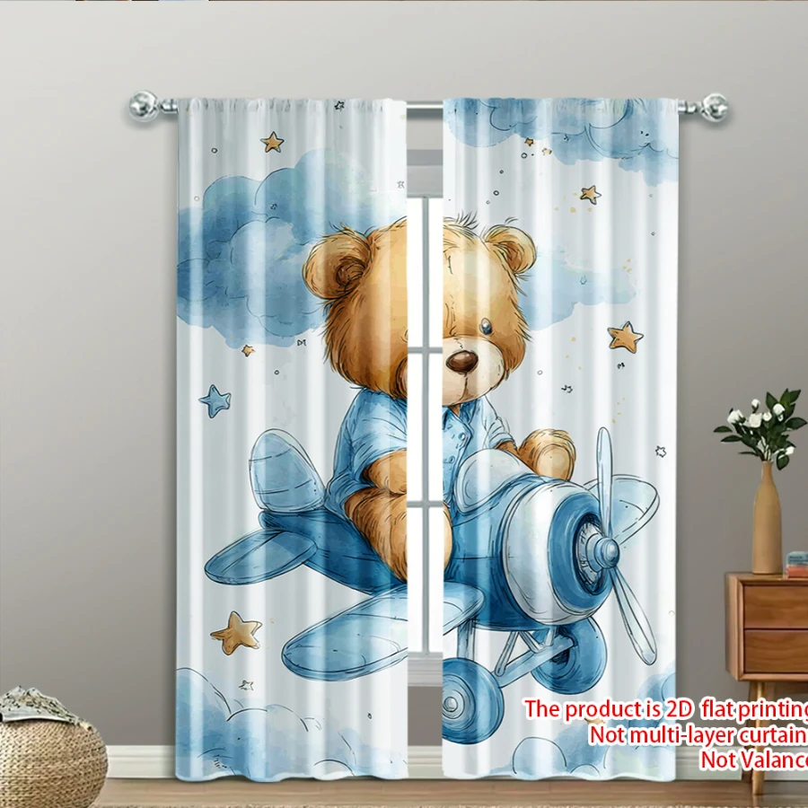 2PCS Digital Printed Curtains with Bear Pilot Design, Stylish Window Drapes for Living Room Bedroom Home Decoration and Kitchen