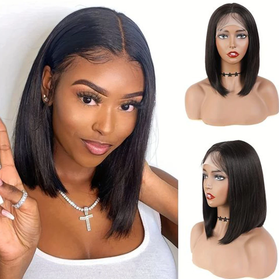 Sleek Peruvian Straight Short Bob Lace Human Hair Wigs 13*5*2 T Part Lace Front Wig 180% Density Lace Front Human Hair Wigs