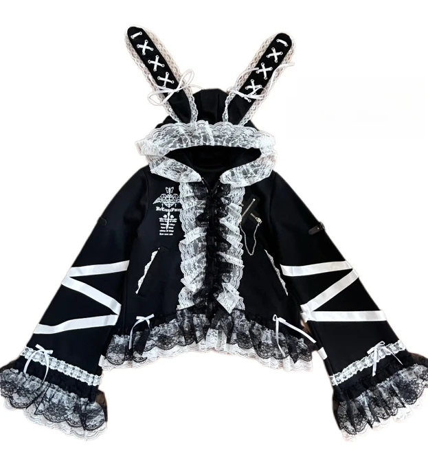 

Autumn Winter Subculture Lolita Top Y2K Punk Rabbit Ears Black White Heavy Industry Lace Silver Fox Velvet Coat Gothic Jacket