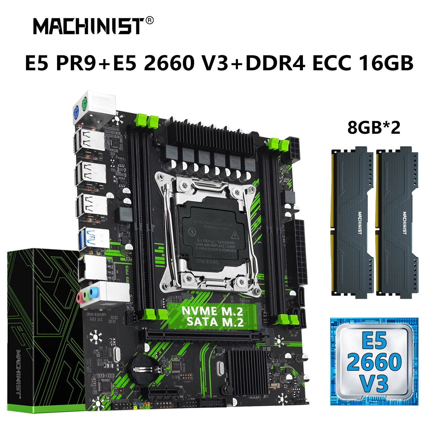 

MACHINIST X99 Motherboard LGA 2011-3 Set Kit Xeon E5 2660 V3 CPU Processor 16GB=2*8G DDR4 ECC RAM Memory Combo SATA NVME M.2 PR9