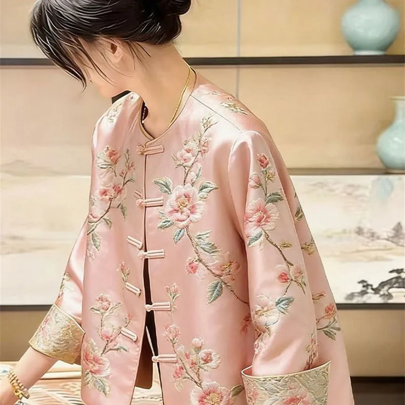 Retro New Chinese Style Coat Women Coats 2026 New Spring Autumn Jacket High-end Round Neck Printed Loose Top Outerwear Female